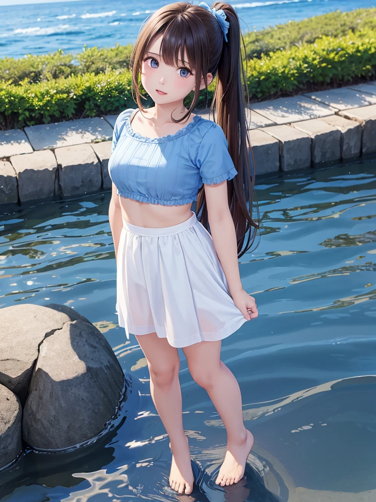 Full Body Shot、oil、masterpiece、Highest quality、High resolution、Brown Hair、length、ponytail、small、Fluffy chiffon skirt、Sea side、coastal、blue sky、Small breasts、Light blue short sleevesＴshirt、university student