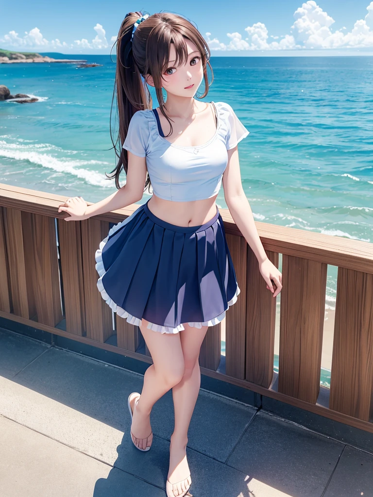 Full Body Shot、oil、masterpiece、Highest quality、High resolution、Brown Hair、length、ponytail、small、Fluffy chiffon skirt、Sea side、coastal、blue sky、Small breasts、Light blue short sleevesTshirt、university student
