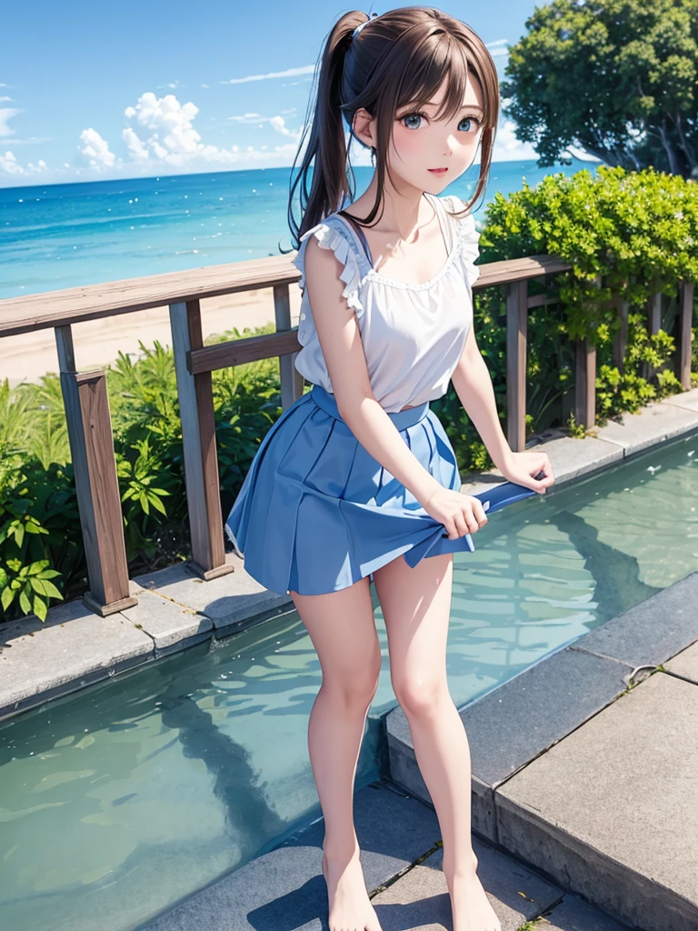 Full Body Shot、oil、masterpiece、Highest quality、High resolution、Brown Hair、length、ponytail、small、Fluffy chiffon skirt、Sea side、coastal、blue sky、Small breasts、Light blue short sleevesTshirt、university student