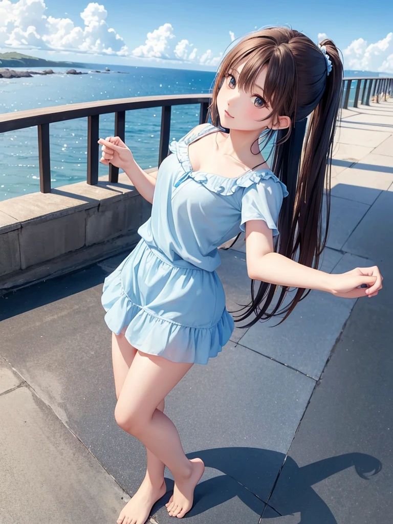 Full Body Shot、oil、masterpiece、Highest quality、High resolution、Brown Hair、length、ponytail、small、Fluffy chiffon skirt、Sea side、coastal、blue sky、Small breasts、Light blue short sleevesＴshirt、university student