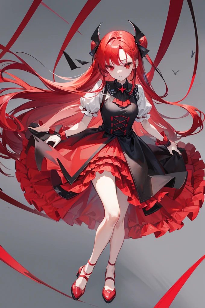 red hair, head with forehead visible, long straight hair, red eyes, red ruffle dress, black trim on dress, black gloves and shoes, big black ribbon above head