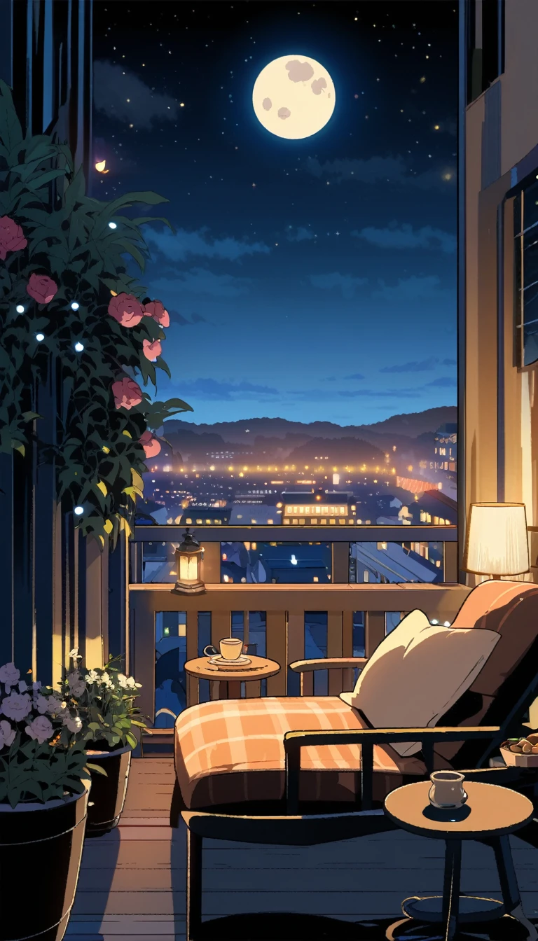 ((Ghibli anime style)), balcony with comfortable lounge chair, potted flowers, lamp and small table with tea. In the background is a night sky cityscape with stars, moon and lights.