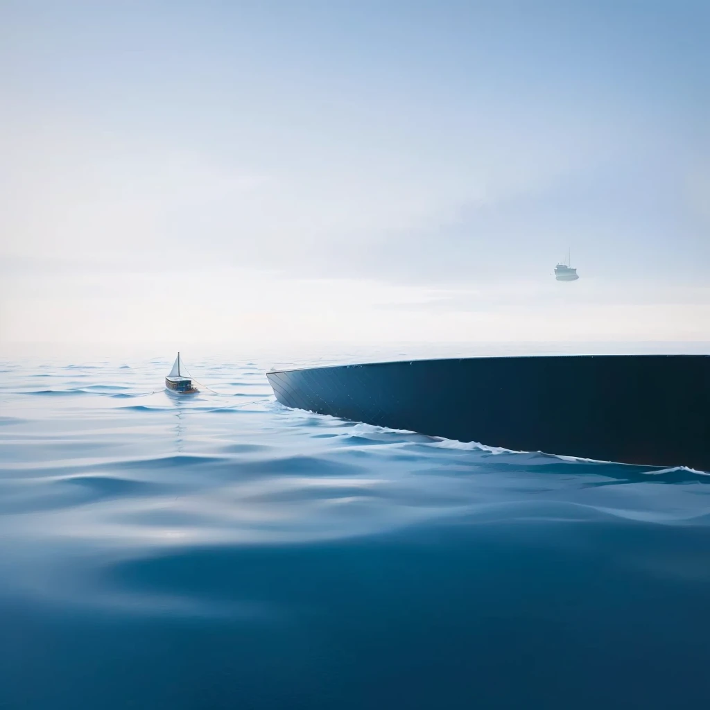 There is a small boat in the middle of the water, Hyperrealistic water art, Amazing depth, Ocean Central, Alex Andreev, Inspired by Quint Buchholz, Sunken as if drowing, incredible depth, Depth of View, Great photos, Amazing wallpapers, On the sea, photo of the Ocean Central, Sunken