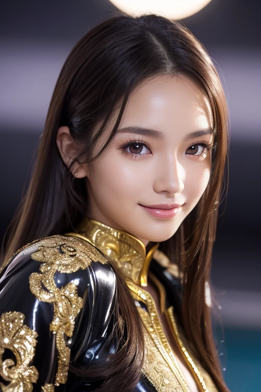 Latex bodysuit、Knee-high boots、Huge 、Long brown hair、Japanese Gravure Idol、Shiny, Oily skin、Glowing Skin、Indoor competition pool、White skin、The beauty of kimono, Body Portrait, 8k, Narrow and beautiful eyes, Dindal effect, masterpiece, 最high quality, high quality, High resolution, Very detailed写真, (Natural skin texture, Fine skin, Hyperrealism, Ultra Sharpness) , Skin with attention to detail, (Very fine, Fine skin texture, Intricate details, Beautiful Face, (Lifelike face), Realistic eyes, Beautiful and detailed eyes, Realistic Skin, Beautiful Skin, Surreal, Very detailed, Golden Ratio, Smiling Eyes, ((Night moonlight background)), Body Portrait, , glamorous、 Shinyボディスーツ