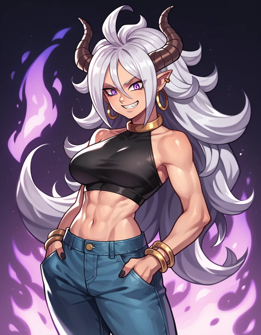 Dark-skinned tomboyish woman, slightly chubbier build, large dragon horns on head, long puffy Android 21 silver hair, violet eyes, long pointy ears, black scales on arms, gold jewelry, calm and cool attitude, small grin, white cropped halter top, dark blue jeans, hand in pocket, dark background, swirling purple fire aura, detailed facial features, dynamic lighting, vibrant colors, fantasy character
