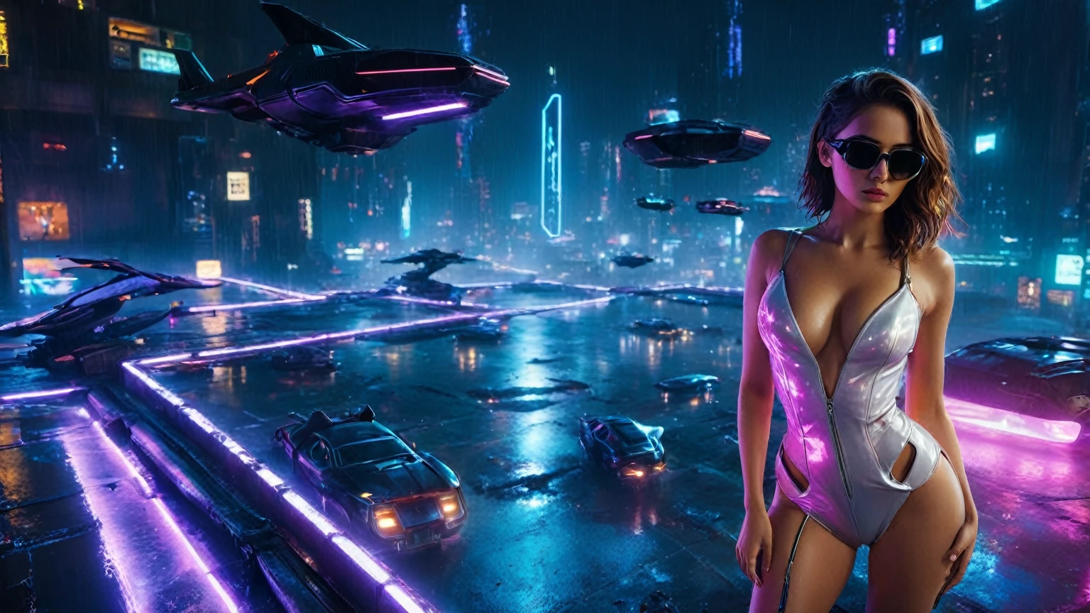 (aerial view, a flying cars docking platform, a very dark abandoned futuristic city, neon lights), rainy night. 1girl, solo, alone, large-breast:1.2 slim body, cleavage:1.1, sexy wind blowing wet dress:1.4, (headphone, black sunglasses), (((((she raised:1.8 a pistol:1.8 and took aim at viewer))))), dynamic pose, (((half-body thigh level medium shot))), cinematic lighting, lens flare, ray tracing.