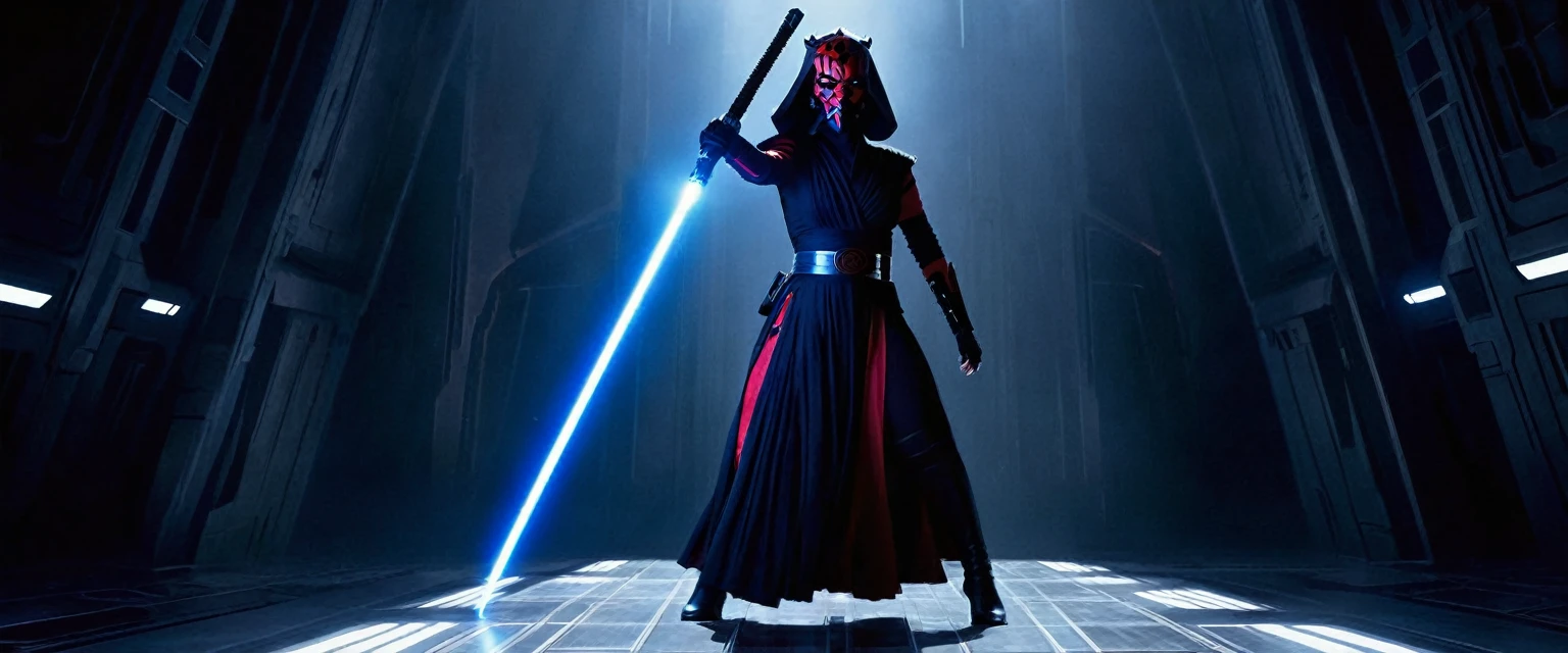 A spectacular cinematic moment from the Star Wars universe, where a dramatic fight scene unfolds between the iconic Darth Maul and a determined female Jedi Knight. The epic sci-fi atmosphere is palpable, with a dark sci-fi setting that transcends the traditional boundaries of the franchise. The stage is a moonlit hanger bay, with a colossal Star Destroyer looming in the background, casting long, dramatic shadows that dance across the metallic floor. The dramatic lighting is a masterful blend of deep blues and piercing reds, illuminating the intense duel and highlighting the stark contrast between the protagonist and antagonist. The female Jedi, her lightsaber ablaze with a vibrant blue, stands firm in a dynamic pose, her eyes narrowed with focus and her robes fluttering in the artificial breeze. Her opponent, Darth Maul, is a vision of malevolence, his double-bladed lightsaber crackling with dark energy, casting an eerie crimson glow that reflects off his horned helmet. His movements are fluid and precise, a terrifying ballet of rage and skill. The 8k resolution allows for an unparalleled level of detail, revealing the intricate textures of their armor and the flickering light playing across their faces. Photorealistic elements enhance the scene's authenticity, from the gleaming metal surfaces to the subtle reflections in the Jedi's eyes. The masterpiece captures the essence of cinematic storytelling, with dramatic shadows that not only emphasize the stark contrast in their allegiance but also symbolize the internal battle of light and dark within the characters themselves. The moody and dark undertones of the image create a sense of foreboding and tension, setting the scene for an unforgettable battle that is both a visual feast and a narrative climax. Each stroke of their lightsabers is captured in a frozen moment, leaving a trail of luminescence that pierces the gloom, a testament to the power and legacy of the Force. The masterful use of contrast and lighting gi