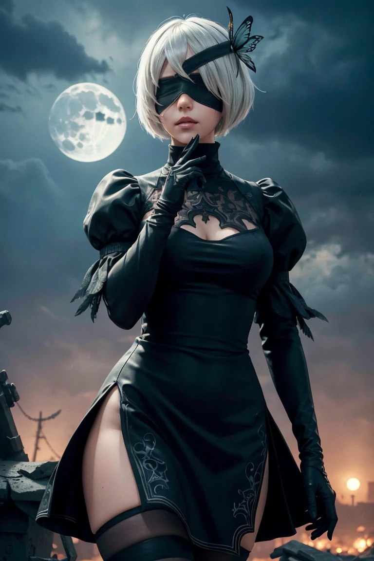 2B Nier Automata,Bobcut, Gray Hair,Long sleeve, Juliet Sleeve, White gloves, turtleneck, bangs, Feather ornament, Feather ornament sleeves, Blindfold, Black Goth Dress,Japanese Ultra HD,super high quality,masterpiece,Digital SLR,Photorealistic,Detailed details,Vivid details,Depicted in detail,A detailed face,Detailed details,Super Detail,Realistic skin texture,Anatomical basis,Perfect Anatomy,Anatomically correct hand,Anatomically correct fingers,Complex 3D rendering,Sexy pose,Rainy Sky,Beautiful scenery,Fantastic rainy sky,Fantasy worldview,Beautiful night sky,moonlight,Beautiful night skyの月,Picturesque,Pink Lips,Black butterfly々Fluttering,A ruined world,A devastated battlefield,ruins,