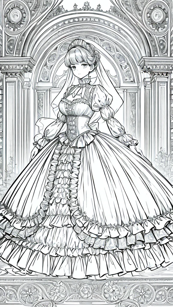 A gorgeous Victorian-era ball gown decorated with delicate lace and lush frills., A glamorous ball, Line drawings without color or shading, Sharp lines, The outline is a thick line,