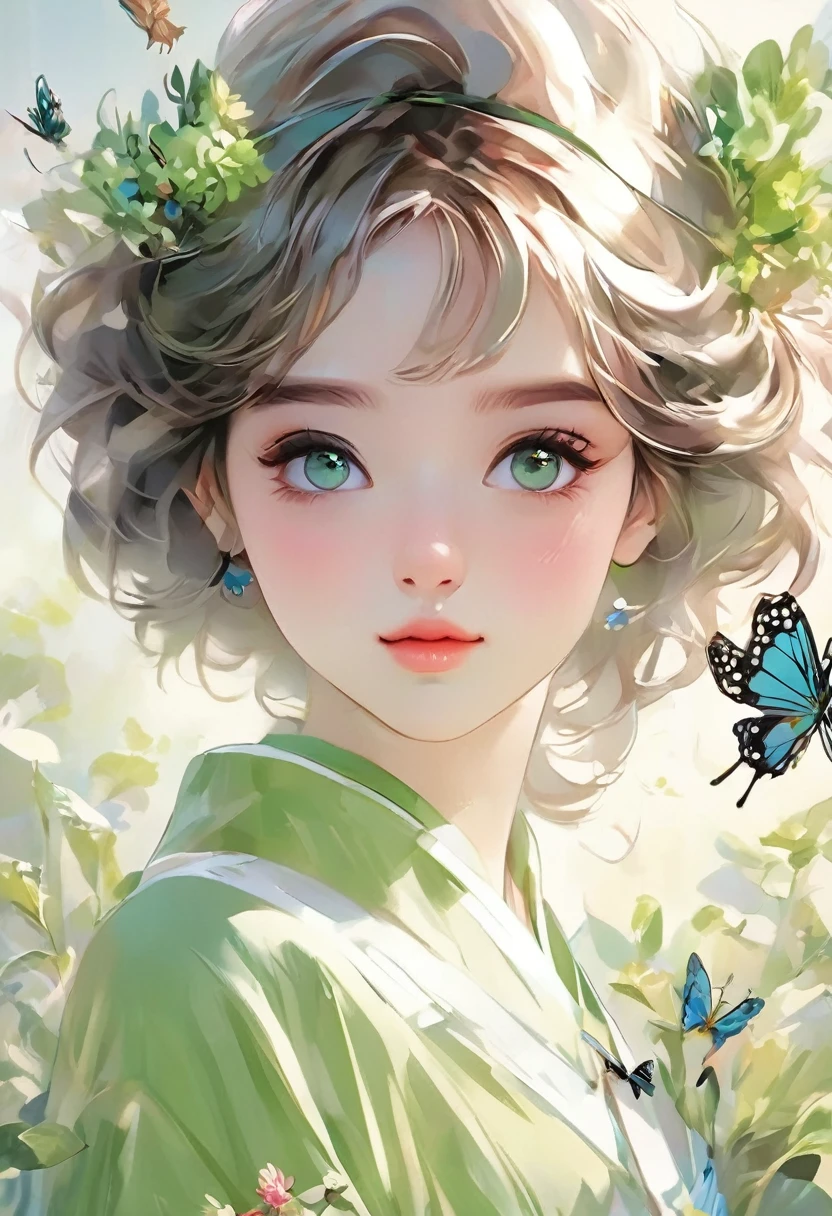 pretty girl，short hair，Delicate face，Half Body，Pure eyes，Butterfly，Long eyelashes，Green clothes model：Sweet Girl 4