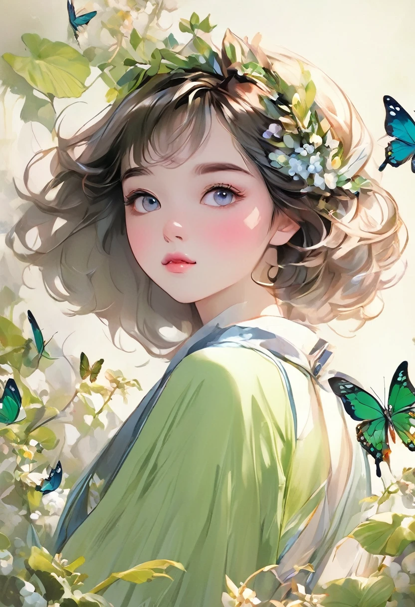 pretty girl,short hair,Delicate face,Half Body,Pure eyes,Butterfly,Long eyelashes,Green clothes model:Sweet Girl 4