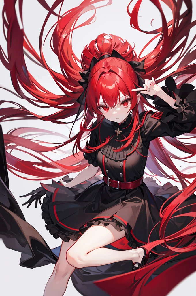 red hair, head with forehead visible, long straight hair, red eyes, red ruffle dress, black trim on dress, black gloves and shoes, big black ribbon above head