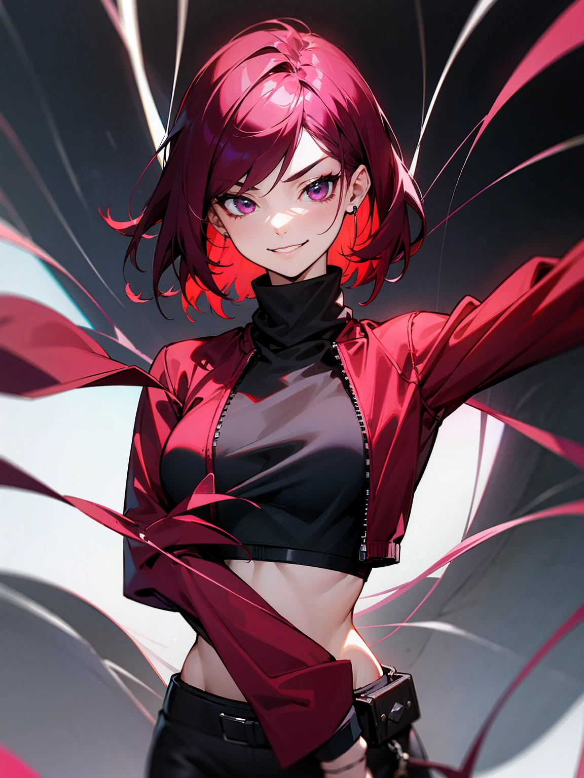 1female, maroon hair, wires around arms, black turtleneck sweater, crop top jacket, smirk