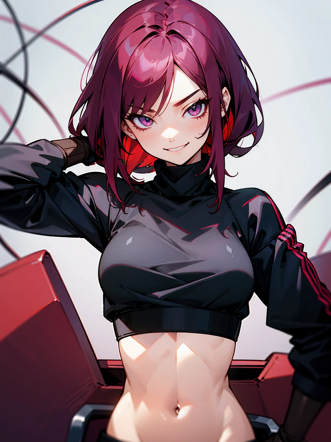 1female, maroon hair, wires around arms, black turtleneck sweater, crop top jacket, smirk