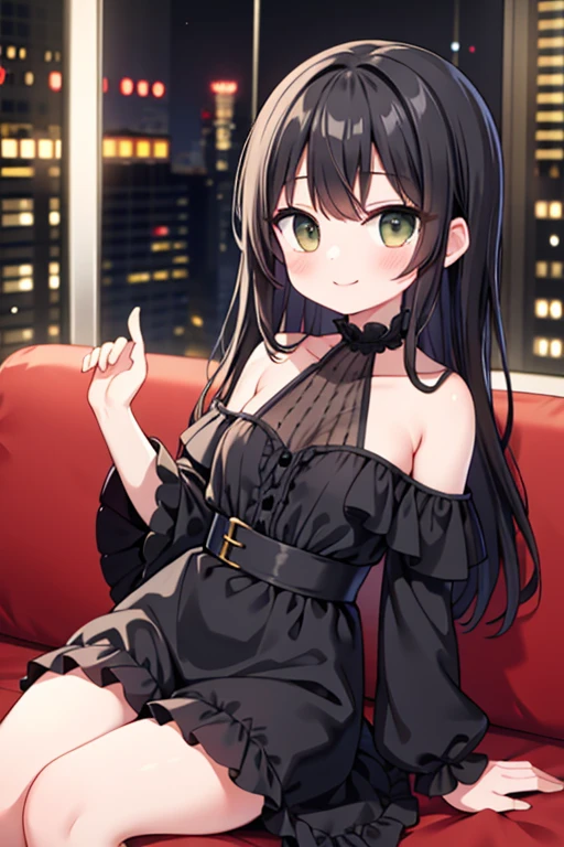 girl、Small breasts、Black Hair、Black off-the-shoulder dress、Sit on the sofa、Adult entertainment establishment、smile、Put your hand over your mouth