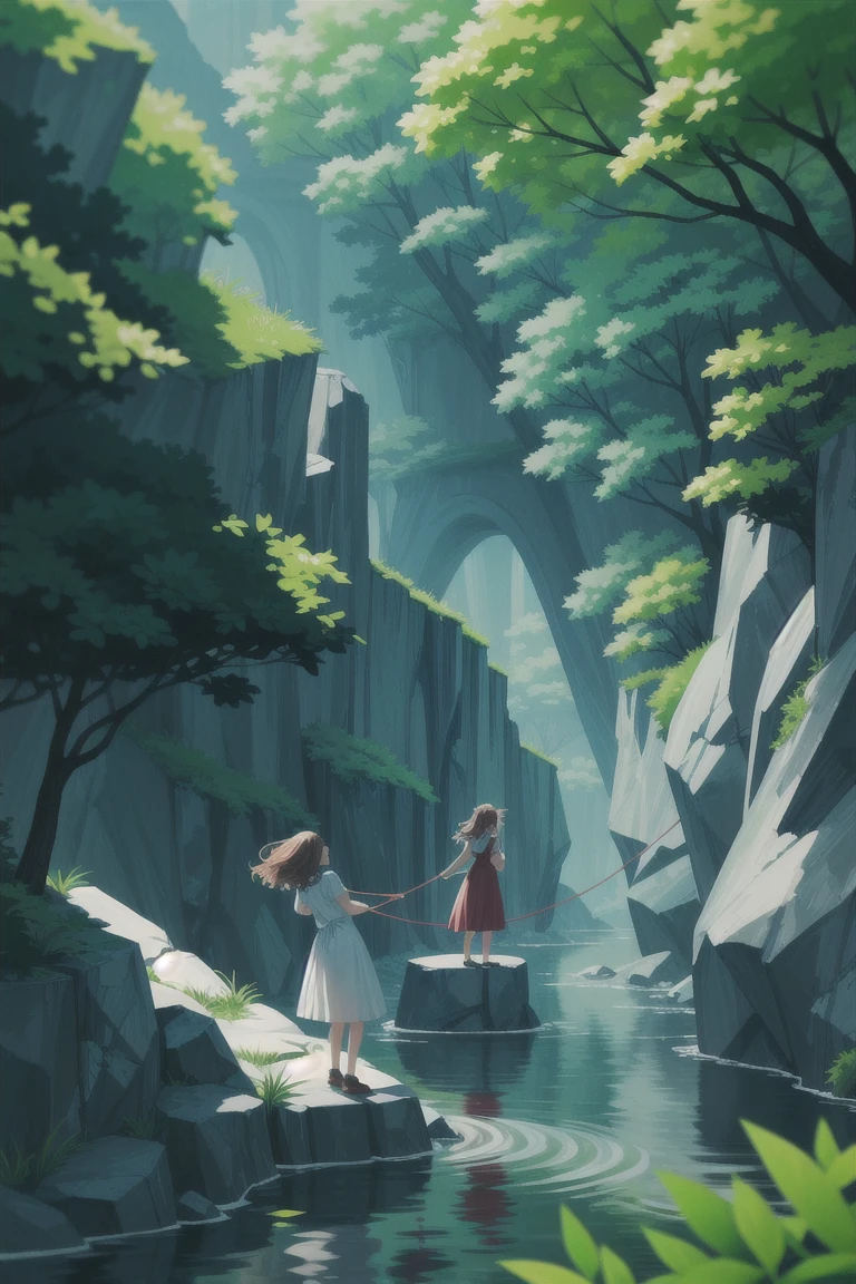 Two beautiful young women attempting to cross a rickety suspension bridge over a canyon. BREAK Casual summer dresses, light sweaters, and comfortable shoes. BREAK Leaning forward, clutching the ropes of the swaying bridge, slight looks of trepidation on their faces. BREAK Lush, verdant forest landscape with a peaceful, flowing river below.