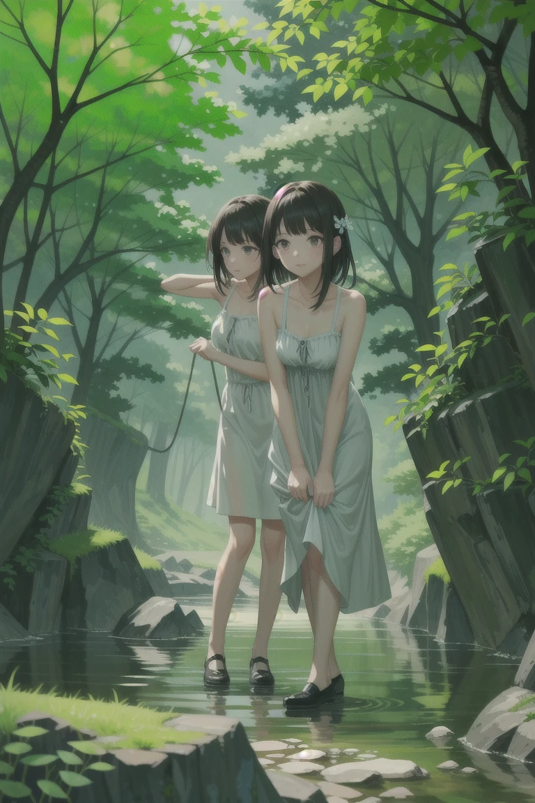 Two beautiful young women attempting to cross a rickety suspension bridge over a canyon. BREAK Casual summer dresses, light sweaters, and comfortable shoes. BREAK Leaning forward, clutching the ropes of the swaying bridge, slight looks of trepidation on their faces. BREAK Lush, verdant forest landscape with a peaceful, flowing river below.