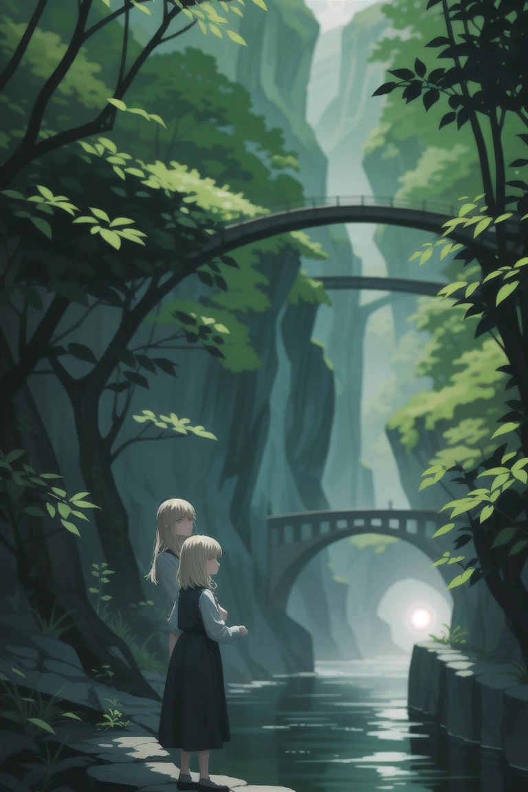 Two beautiful young women attempting to cross a rickety suspension bridge over a canyon. BREAK Casual summer dresses, light sweaters, and comfortable shoes. BREAK Leaning forward, clutching the ropes of the swaying bridge, slight looks of trepidation on their faces. BREAK Lush, verdant forest landscape with a peaceful, flowing river below.