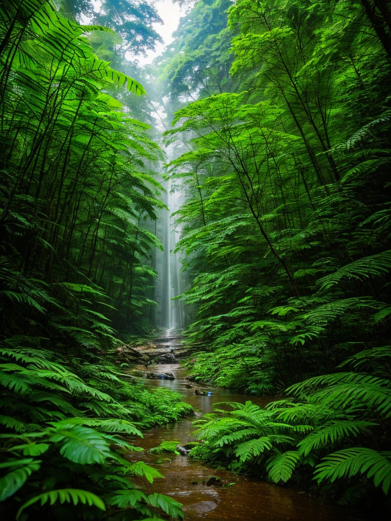 A flower blooms in the middle of the forest., rainforest, rain