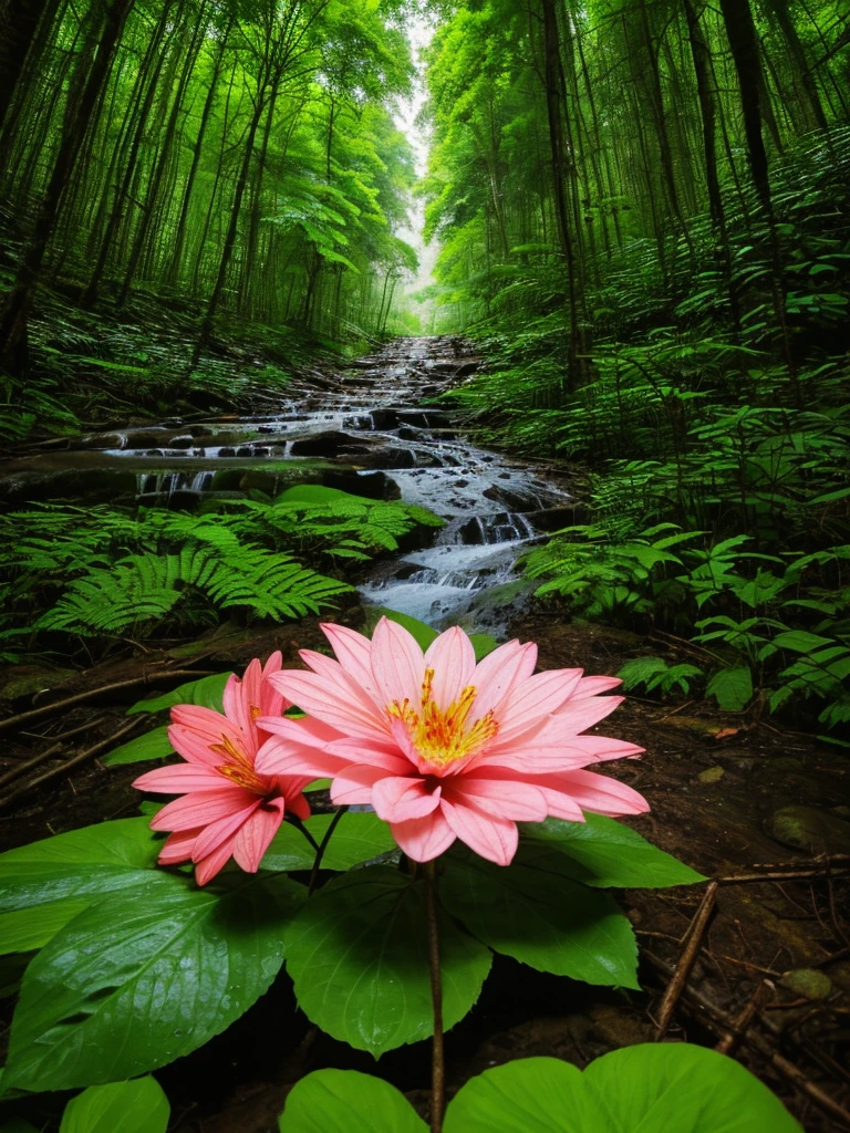 A flower blooms in the middle of the forest., rainforest, rain