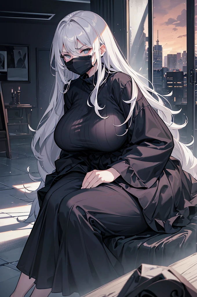 Woman, (Big_breast) (bang_covering_eyes) (messy_hair) (scary) (Angry) (Chubby) (Dark_Navy_Hair) (Wearing_Dress_Black) (Wearing_Facemask) (Sitting_Legs_Crossed) (In_LivingRoom_Dark) (No_lightning) (Candels_in_the_back_lit) (Dark_room) (Night_time) (Svary_Themed)