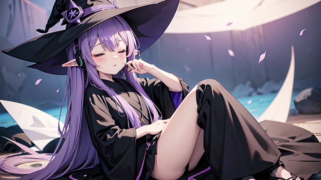 1 person. Anime girl with long purple hair and black robe. Pointy ears. Cute as in manga. Sitting with eyes closed. Headphones. Witch hat on the ground. Clothes inside are white.