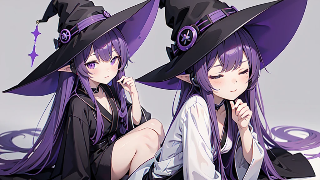 1 person. Anime girl with long purple hair and black robe. Pointy ears. Cute as in manga. Sitting  with eyes closed. Headphones. Witch hat on the ground. Clothes inside are white.