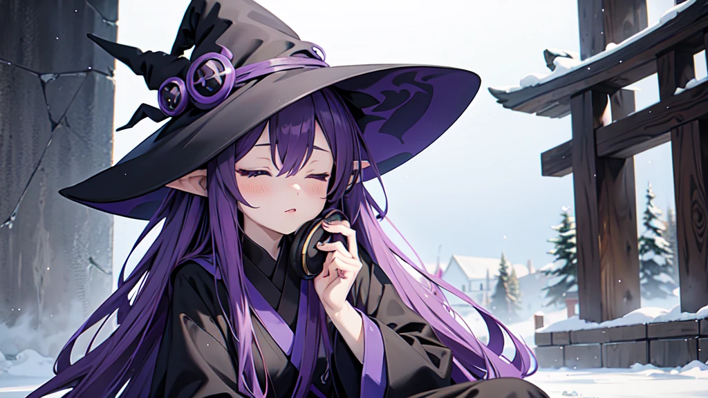 1 person. Anime girl with long purple hair and black robe. Pointy ears. Cute as in manga. Sitting with eyes closed. Headphones. Witch hat on the ground. Clothes inside are white.