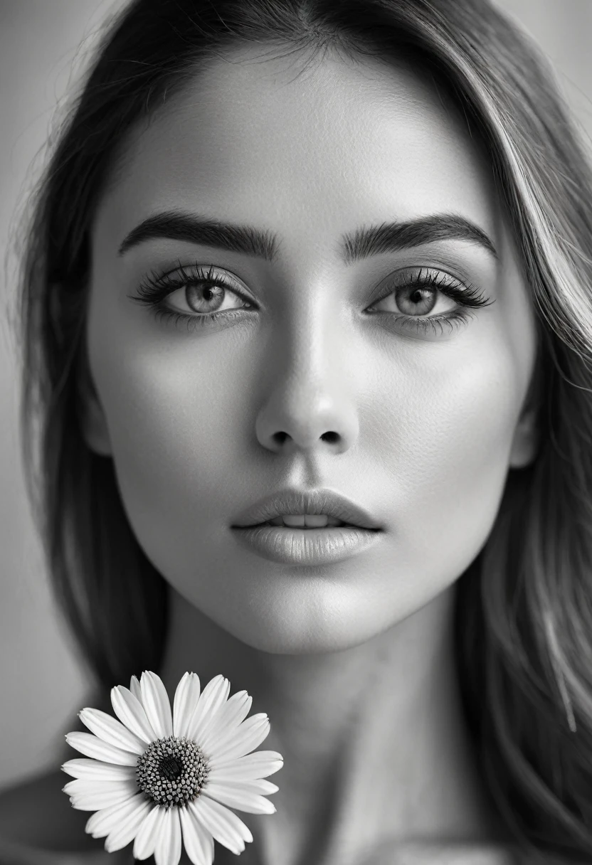 A black and white photo in raw format, zooming in on the intricate details of a woman's face, revealing the delicate lines of her skin and the depth of her expressive eyes. Frame the shot with a solitary striking flower, delicately held in the woman's hand, adding a touch of softness and femininity to the composition, enhancing the dramatic contrast and textures of the monochrome image.
