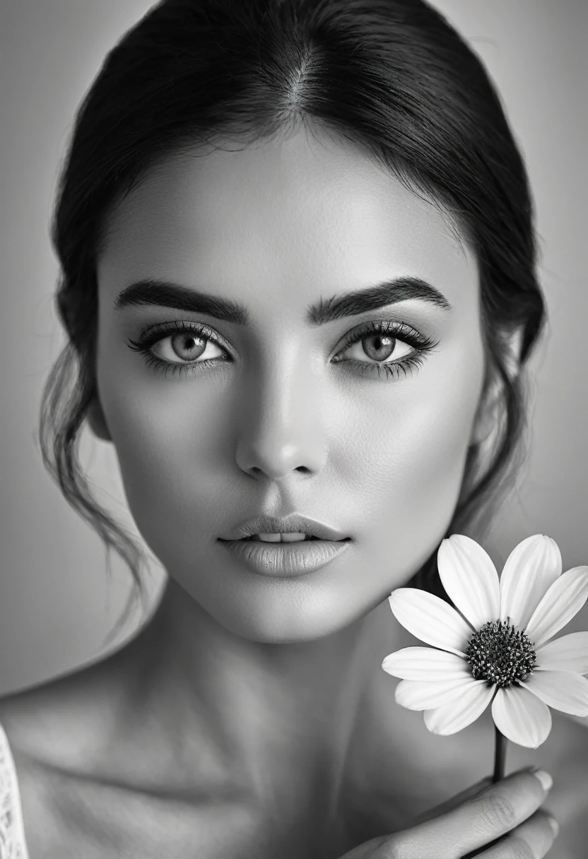 A black and white photo in raw format, zooming in on the intricate details of a woman's face, revealing the delicate lines of her skin and the depth of her expressive eyes. Frame the shot with a solitary striking flower, delicately held in the woman's hand, adding a touch of softness and femininity to the composition, enhancing the dramatic contrast and textures of the monochrome image.
