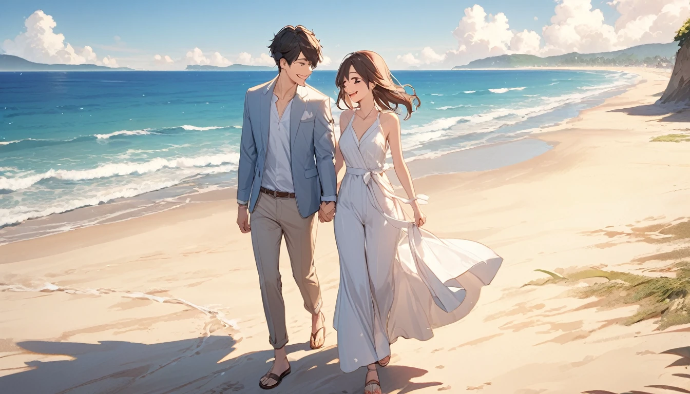 (Highest quality),Couple,Holding hands and smiling,beach