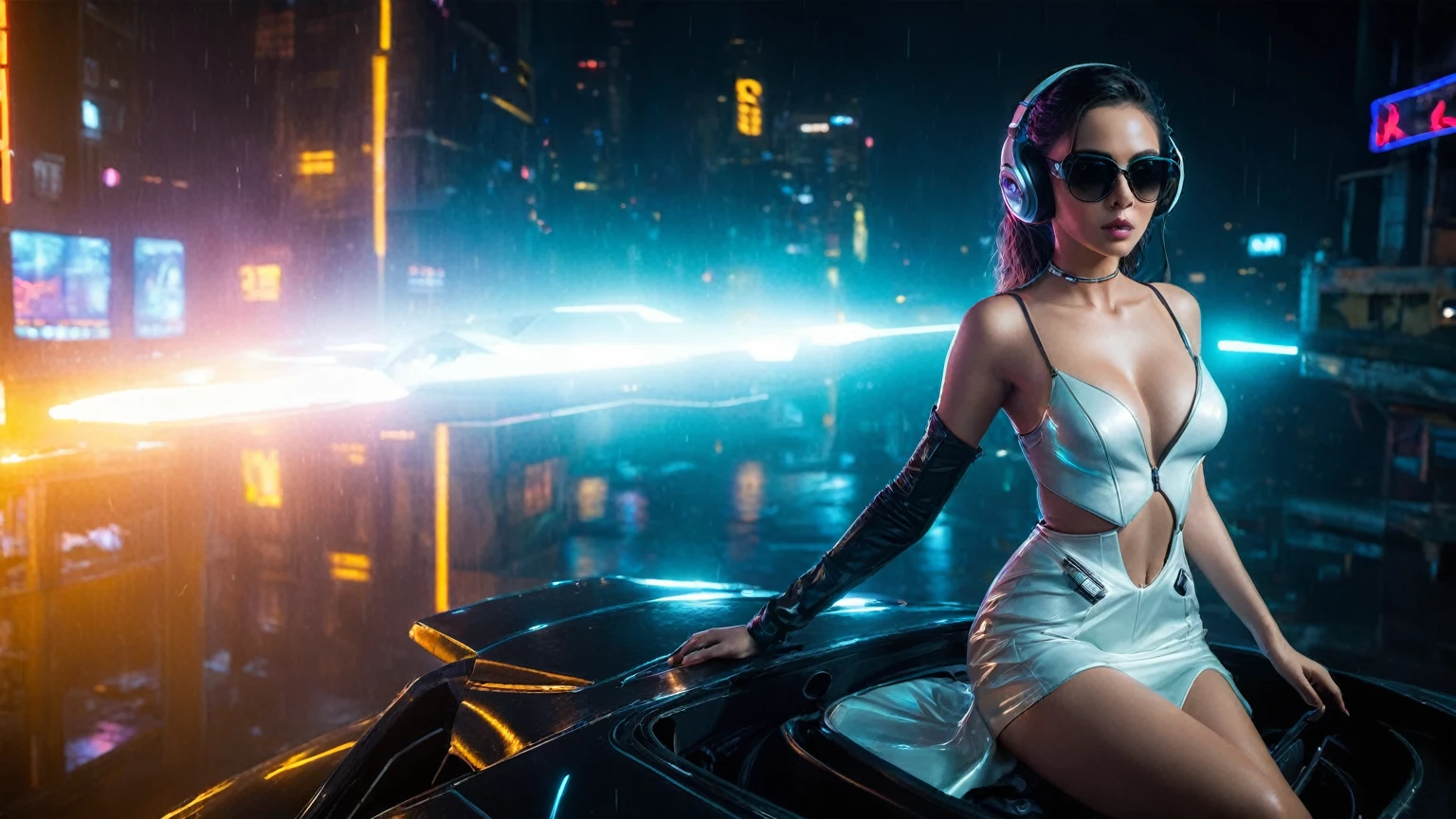 (aerial view, a flying cars docking platform, a very dark abandoned futuristic city, neon lights), rainy night. 1girl, solo, alone, large-breast:1.2 slim body, cleavage:1.1, sexy wind blowing wet dress:1.4, (headphone, black sunglasses), (((((she raised:1.8 a pistol:1.8 and took aim at viewer))))), dynamic pose, (((half-body thigh level medium shot))), cinematic lighting, lens flare, ray tracing.