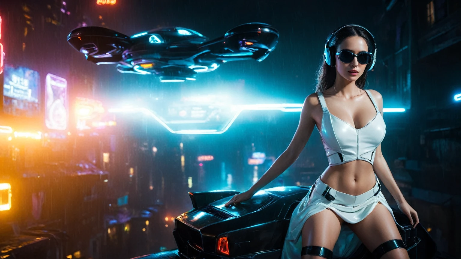 (aerial view, a flying cars docking platform, a very dark abandoned futuristic city, neon lights), rainy night. 1girl, solo, alone, large-breast:1.2 slim body, cleavage:1.1, sexy wind blowing wet dress:1.4, (headphone, black sunglasses), (((((she raised:1.8 a pistol:1.8 and took aim at viewer))))), dynamic pose, (((half-body thigh level medium shot))), cinematic lighting, lens flare, ray tracing.