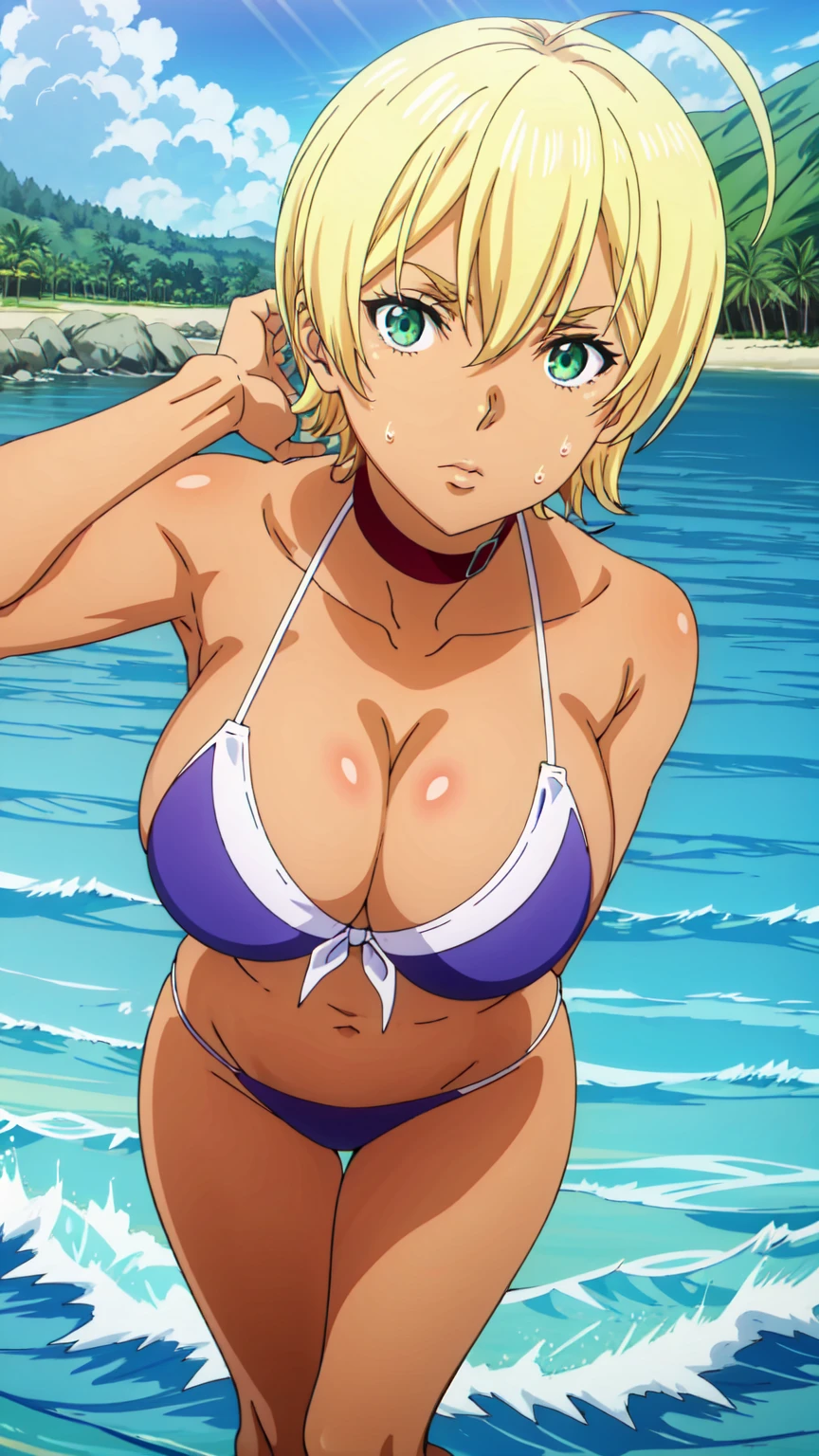 tall body, tall, long legs, mature female, mature, adult, Shokugeki_Ikumi, 1girl, breasts, blonde hair, solo, green eyes, dark skin, dark-skinned female, short hair, sweat, navel,ahoge, cleavage, hair between eyes, closed mouth, looking at the viewer, blue theme, blue background, cloudy sky, sunlight, sweat, orgasmic, bikini swimsuit,Huge Breasts, cleavage, belly button exposed, collarbone, thighs, sea and beach,