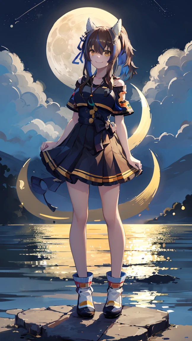 masterpiece, Highest quality, High resolution, Very detailed,(((Daitaku Helios))), (((Standing with the moon in the background)))、(((smile)))、(((full moon)))、(((Night Sky)))