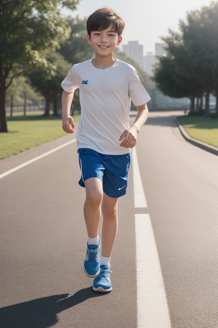,Smile,Spread your white and slender legs,jogging,full body,8K facial features are exquisite,Handsome boyish feeling,8k,masterpiece,((best quality)),photography,photograph
