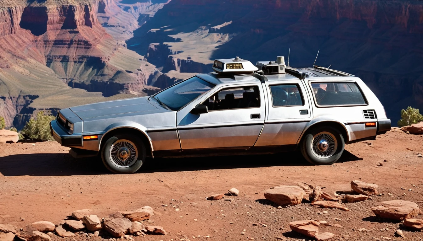 Create an old post-soviet sedan car as a time traveling machine just like in Back to the Future movies. The car is parked in the middle of grand canyon.