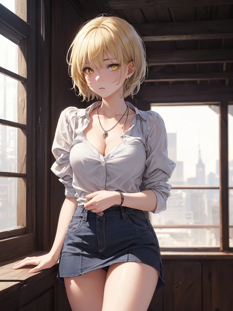 Highest quality 8K resolution,masterpiece, Exquisite detail, Realistic, Realistic, Soft tones,Color Palette, Alone, (22 year old girl:1.5),(Small eyes,Yellow Eyes:1.5), (Short Hair:1.5), Shiny silver hair,Asymmetrical bangs,(Cowboy Shot:1.3),7 lifespan,(No bra), (No sleeve,mini skirt:1.5),(Simple underwear,panties),Beautiful proportions,(Shiny white skin),Very beautiful detailed eyes, (Big breasts,Cleavage:1.3), necklace,Earrings,accessories, Are standing, indoor,(Sulky look:1.3)
