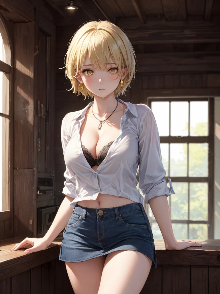 Highest quality 8K resolution,masterpiece, Exquisite detail, Realistic, Realistic, Soft tones,Color Palette, Alone, (22 year old girl:1.5),(Small eyes,Yellow Eyes:1.5), (Short Hair:1.5), Shiny silver hair,Asymmetrical bangs,(Cowboy Shot:1.3),7 lifespan,(No bra), (No sleeve,mini skirt:1.5),(Simple underwear,panties),Beautiful proportions,(Shiny white skin),Very beautiful detailed eyes, (Big breasts,Cleavage:1.3), necklace,Earrings,accessories, Are standing, indoor,(Sulky look:1.3)