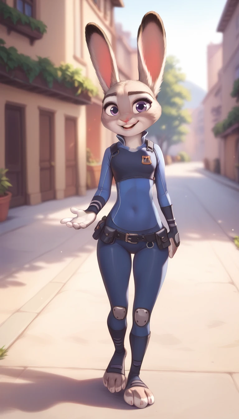 female,  judyhopps, ((slim judy hopps)), (front view), (cinematic lighting), backlighting, (shaded), detailed background, by dagasi, (by personalami), [by Ruan Jia],((full body)), tight clothes, (solo), photorealistic, hyperrealistic,(((thick body)))