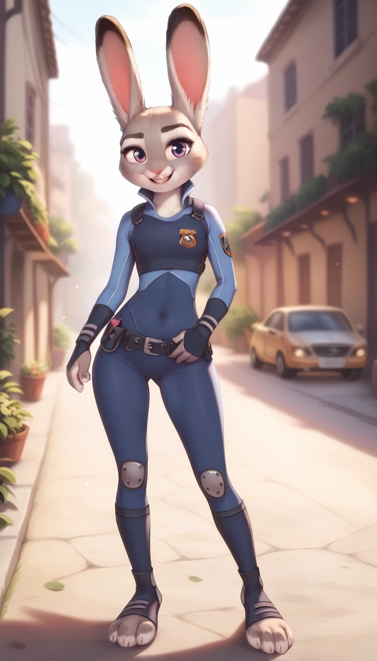 female,  judyhopps, ((slim judy hopps)), (front view), (cinematic lighting), backlighting, (shaded), detailed background, by dagasi, (by personalami), [by Ruan Jia],((full body)), tight clothes, (solo), photorealistic, hyperrealistic,(((thick body)))