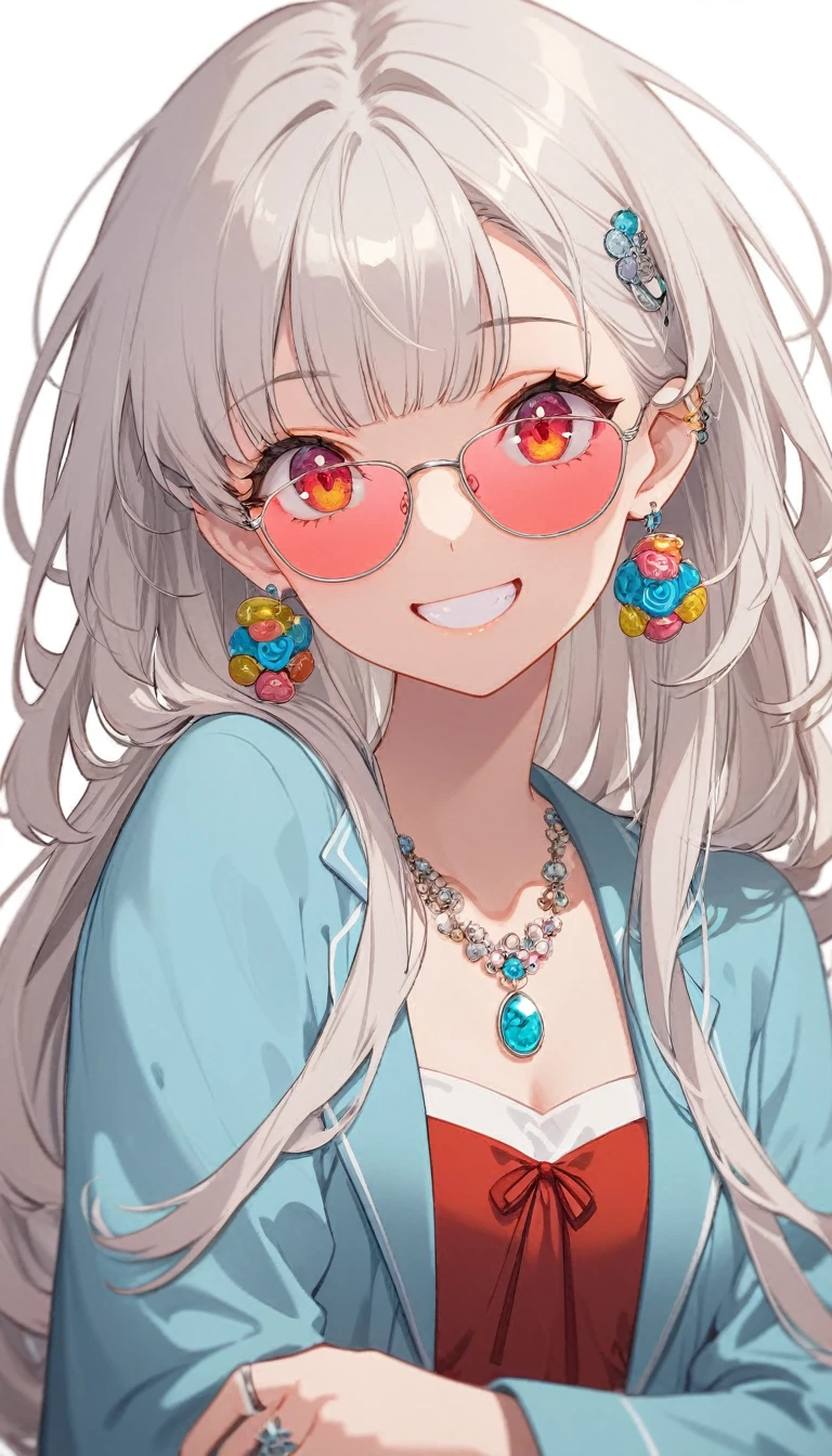 One girl, alone, Long Hair, View your viewers, smile, bangs, ((Blue Jacket)), Red pastel skirt、Red eyes,White hair in the eye、Beautiful eyes that shine、White boater hat with red ribbon、White Jewelry, Sitting, Jacket, Upper Body, Silver Hair、 earrings, Glasses, teeth, Grin, open Jacket, Earrings, sunGlasses, ring, ear Earrings,Colored Glasses, White Background、White background,Umaibo、Candy