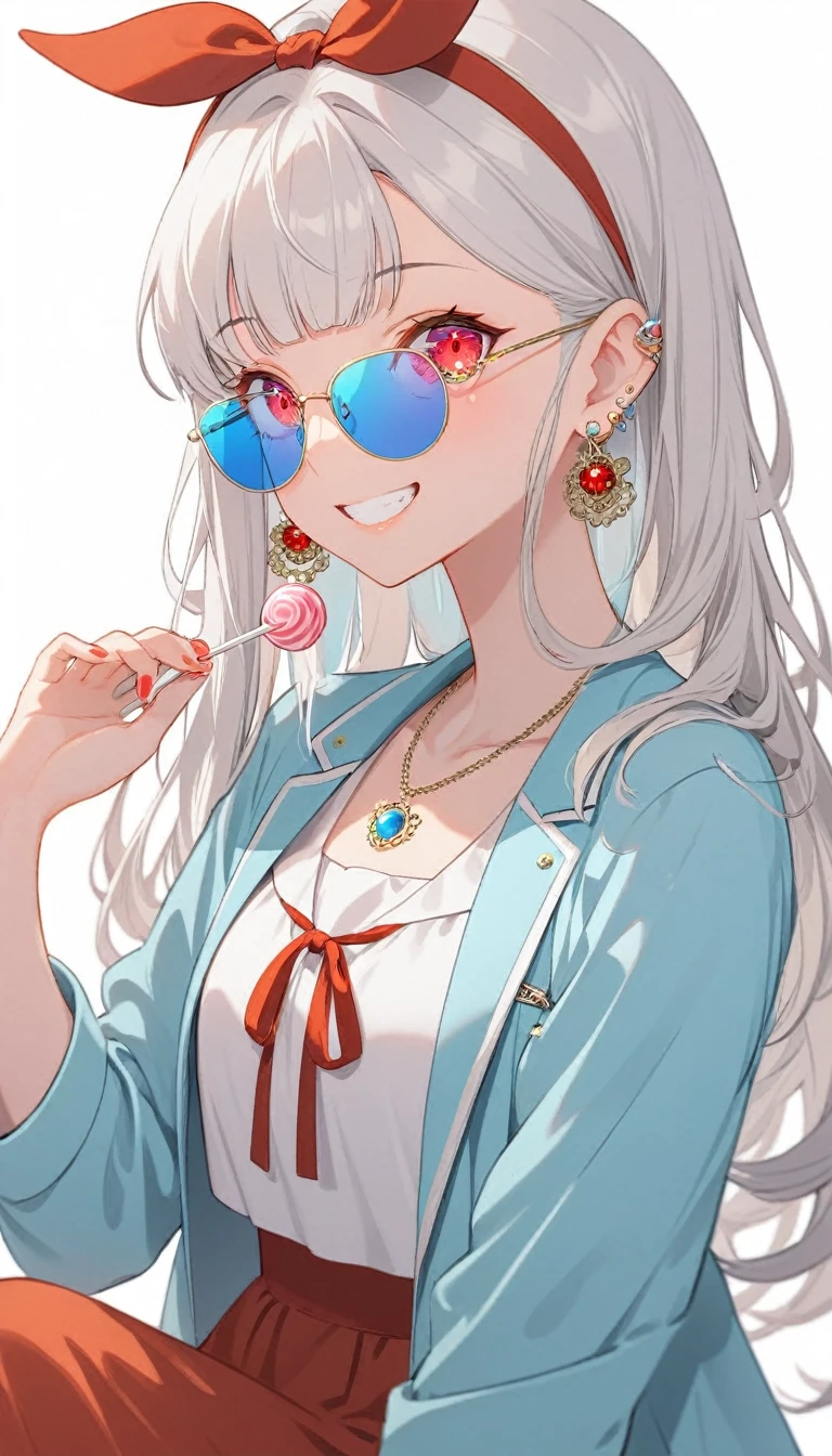 One girl, alone, Long Hair, View your viewers, smile, bangs, ((Blue Jacket)), Red pastel skirt、Red eyes,White hair in the eye、Beautiful eyes that shine、White boater hat with red ribbon、White Jewelry, Sitting, Jacket, Upper Body, Silver Hair、 earrings, Glasses, teeth, Grin, open Jacket, Earrings, sunGlasses, ring, ear Earrings,Colored Glasses, White Background、White background,Umaibo、Candy