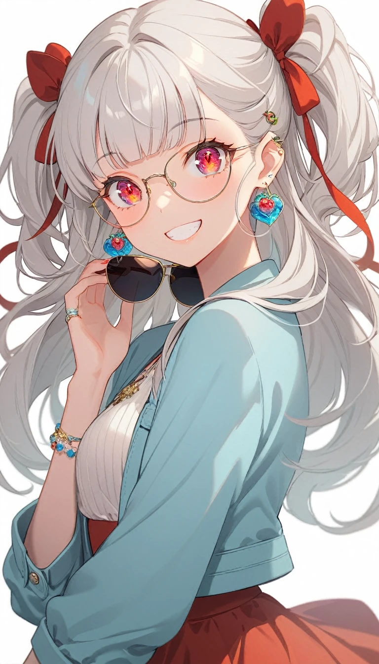 One girl, alone, Long Hair, View your viewers, smile, bangs, ((Blue Jacket)), Red pastel skirt、Red eyes,White hair in the eye、Beautiful eyes that shine、White boater hat with red ribbon、White Jewelry, Sitting, Jacket, Upper Body, Silver Hair、 earrings, Glasses, teeth, Grin, open Jacket, Earrings, sunGlasses, ring, ear Earrings,Colored Glasses, White Background、White background,Umaibo、Candy