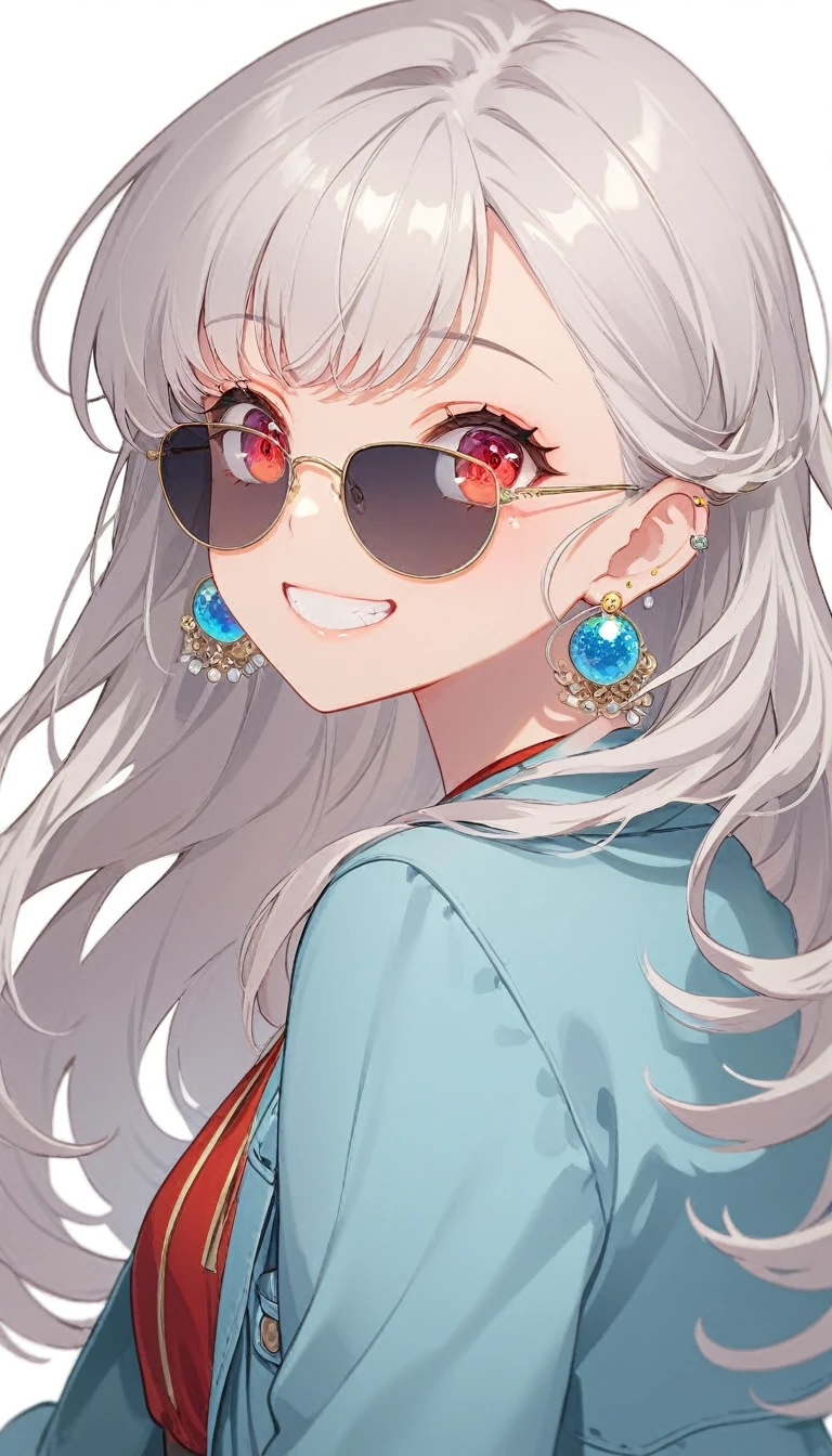 One girl, alone, Long Hair, View your viewers, smile, bangs, ((Blue Jacket)), Red pastel skirt、Red eyes,White hair in the eye、Beautiful eyes that shine、White boater hat with red ribbon、White Jewelry, Sitting, Jacket, Upper Body, Silver Hair、 earrings, Glasses, teeth, Grin, open Jacket, Earrings, sunGlasses, ring, ear Earrings,Colored Glasses, White Background、White background,Umaibo、Candy
