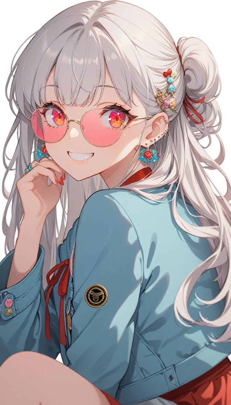 One girl, alone, Long Hair, View your viewers, smile, bangs, ((Blue Jacket)), Red pastel skirt、Red eyes,White hair in the eye、Beautiful eyes that shine、White boater hat with red ribbon、White Jewelry, Sitting, Jacket, Upper Body, Silver Hair、 earrings, Glasses, teeth, Grin, open Jacket, Earrings, sunGlasses, ring, ear Earrings,Colored Glasses, White Background、White background,Umaibo、Candy