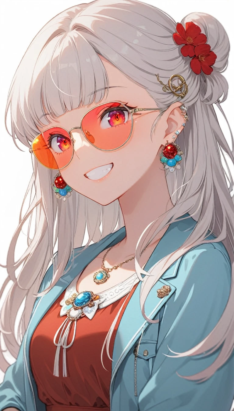 One girl, alone, Long Hair, View your viewers, smile, bangs, ((Blue Jacket)), Red pastel skirt、Red eyes,White hair in the eye、Beautiful eyes that shine、White boater hat with red ribbon、White Jewelry, Sitting, Jacket, Upper Body, Silver Hair、 earrings, Glasses, teeth, Grin, open Jacket, Earrings, sunGlasses, ring, ear Earrings,Colored Glasses, White Background、White background,Umaibo、Candy