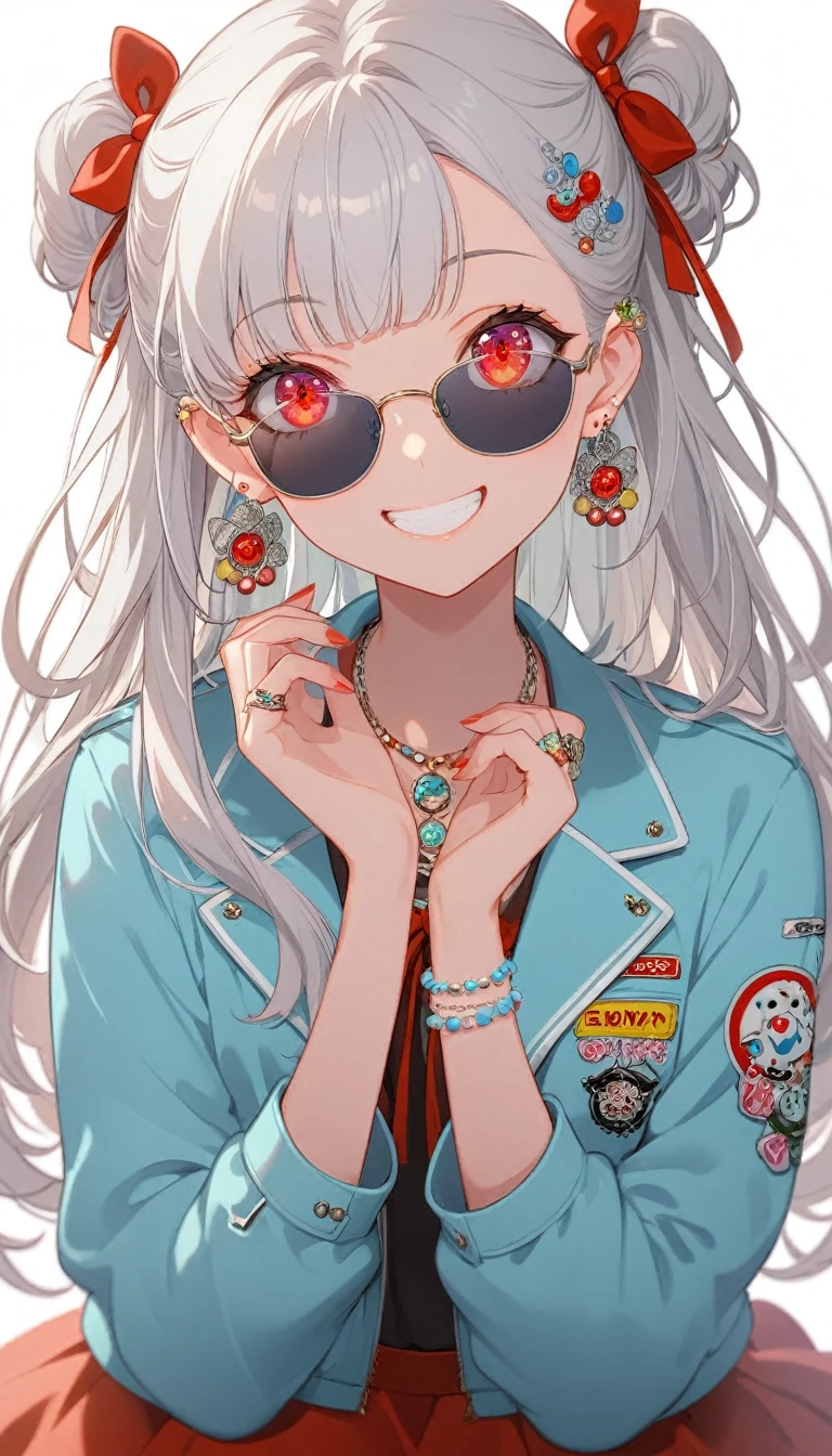 One girl, alone, Long Hair, View your viewers, smile, bangs, ((Blue Jacket)), Red pastel skirt、Red eyes,White hair in the eye、Beautiful eyes that shine、White boater hat with red ribbon、White Jewelry, Sitting, Jacket, Upper Body, Silver Hair、 earrings, Glasses, teeth, Grin, open Jacket, Earrings, sunGlasses, ring, ear Earrings,Colored Glasses, White Background、White background,Umaibo、Candy