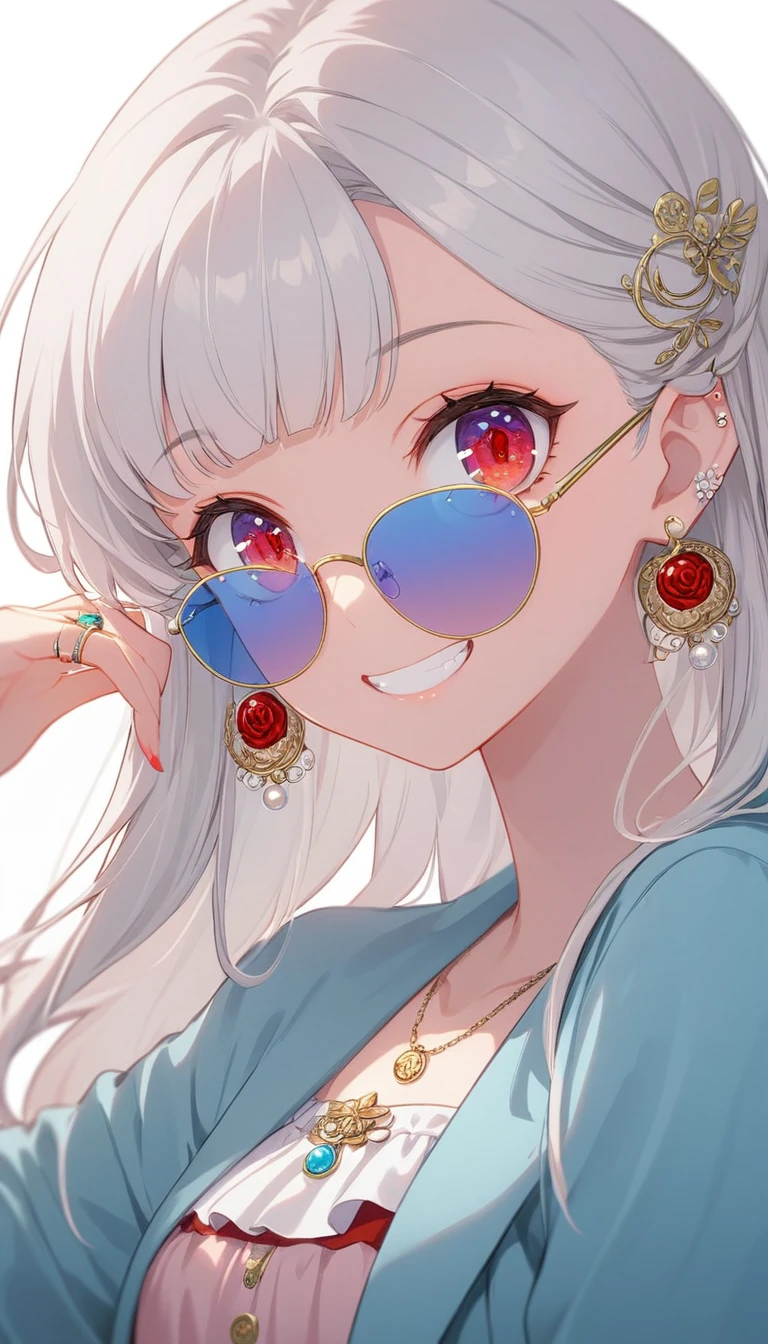 One girl, alone, Long Hair, View your viewers, smile, bangs, ((Blue Jacket)), Red pastel skirt、Red eyes,White hair in the eye、Beautiful eyes that shine、White boater hat with red ribbon、White Jewelry, Sitting, Jacket, Upper Body, Silver Hair、 earrings, Glasses, teeth, Grin, open Jacket, Earrings, sunGlasses, ring, ear Earrings,Colored Glasses, White Background、White background,Umaibo、Candy