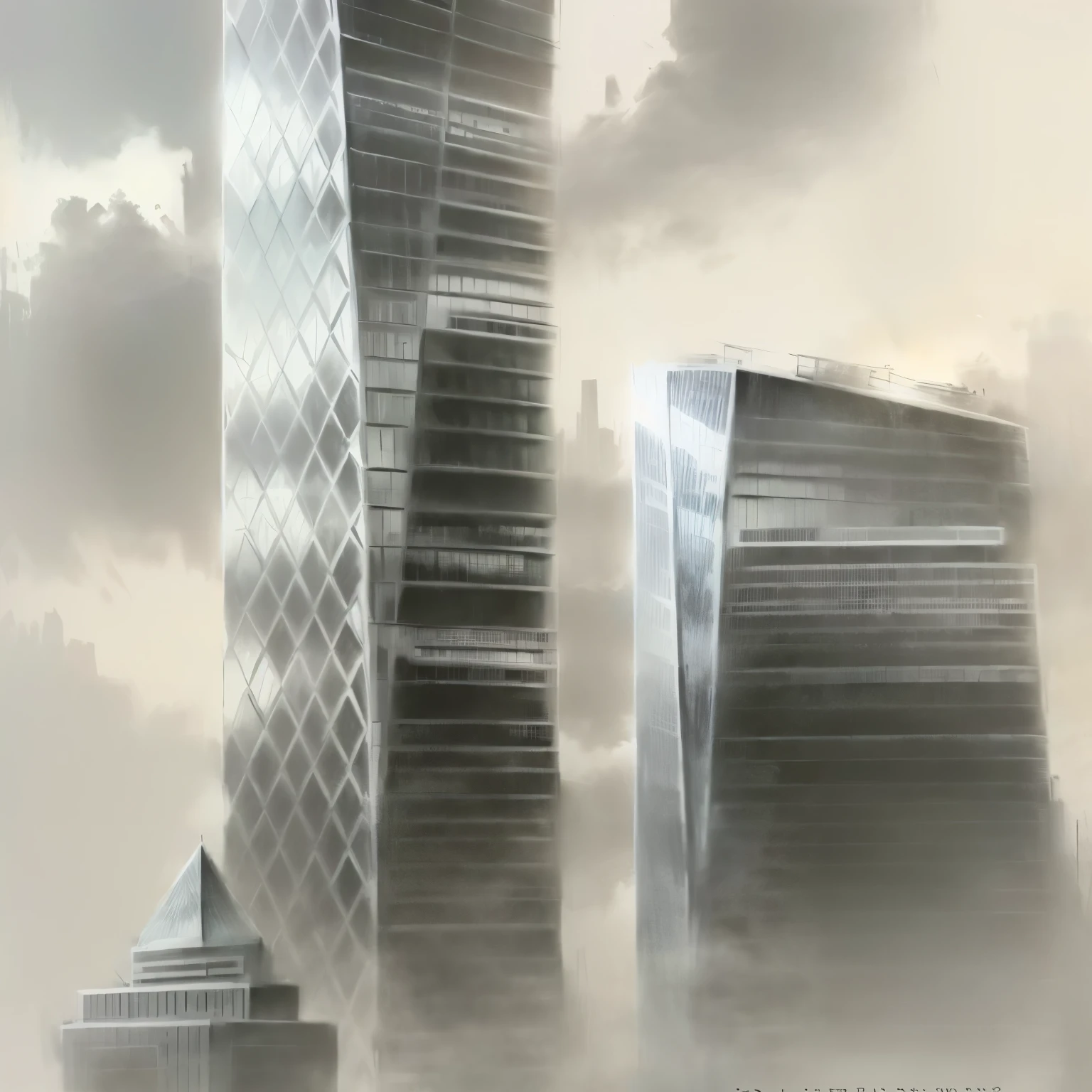 a drawing of a city with Skyscraper and a building, There is a tower, with tall glass Skyscraper, two giant towers, 高高的Skyscraper, High-rise buildingss on the sides, 该建筑是一座Skyscraper, High-rise buildings, solid building, tall Skyscraper, High-rise buildingss, Tower, Skyscraper, Tall and thin hand-painted effect picture background gray